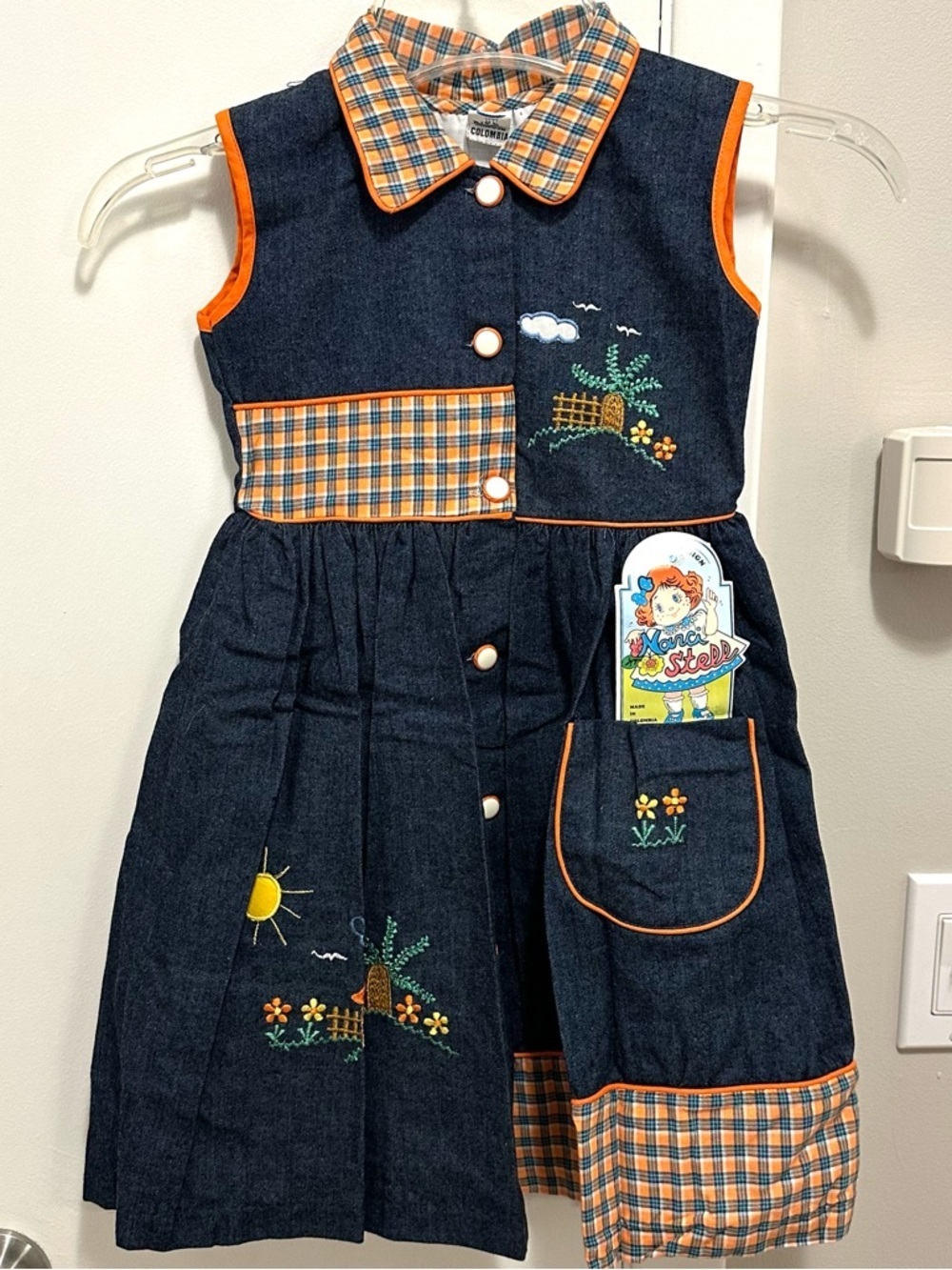 Vintage Narci Stell Sleeveless Patchwork Plaid Denim Dress Girls 4 orange blue - Picture 2 of 10